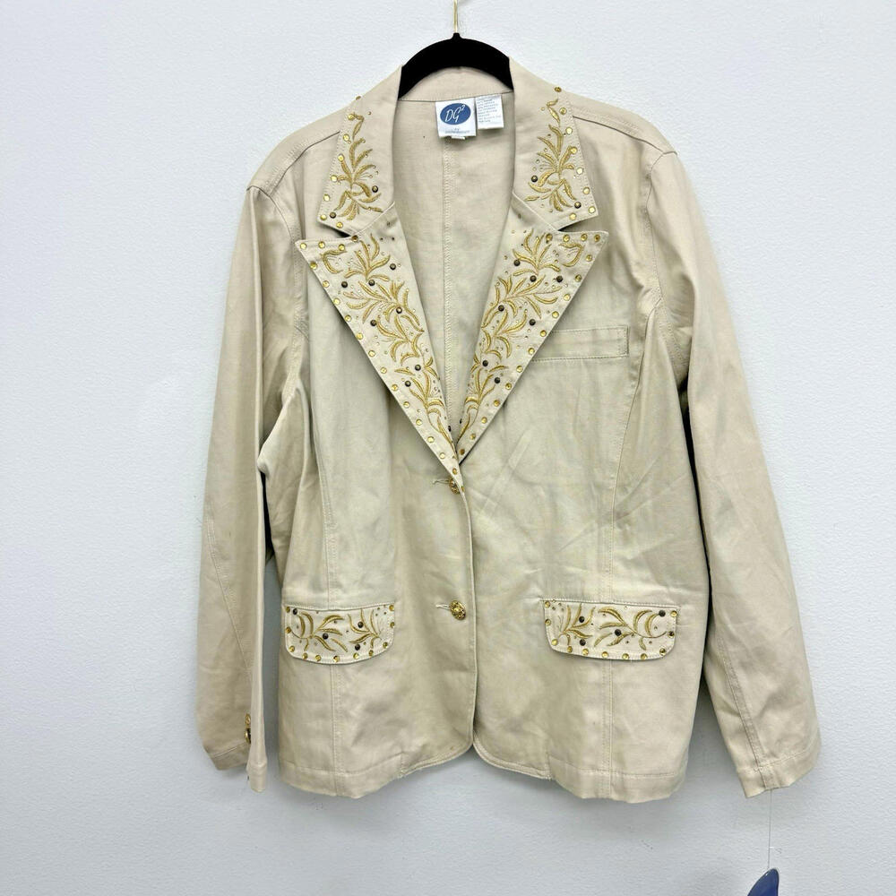 DG2 Diane Gilman Large Gold Denim Jacket Blazer Unlined Embroidered Studded